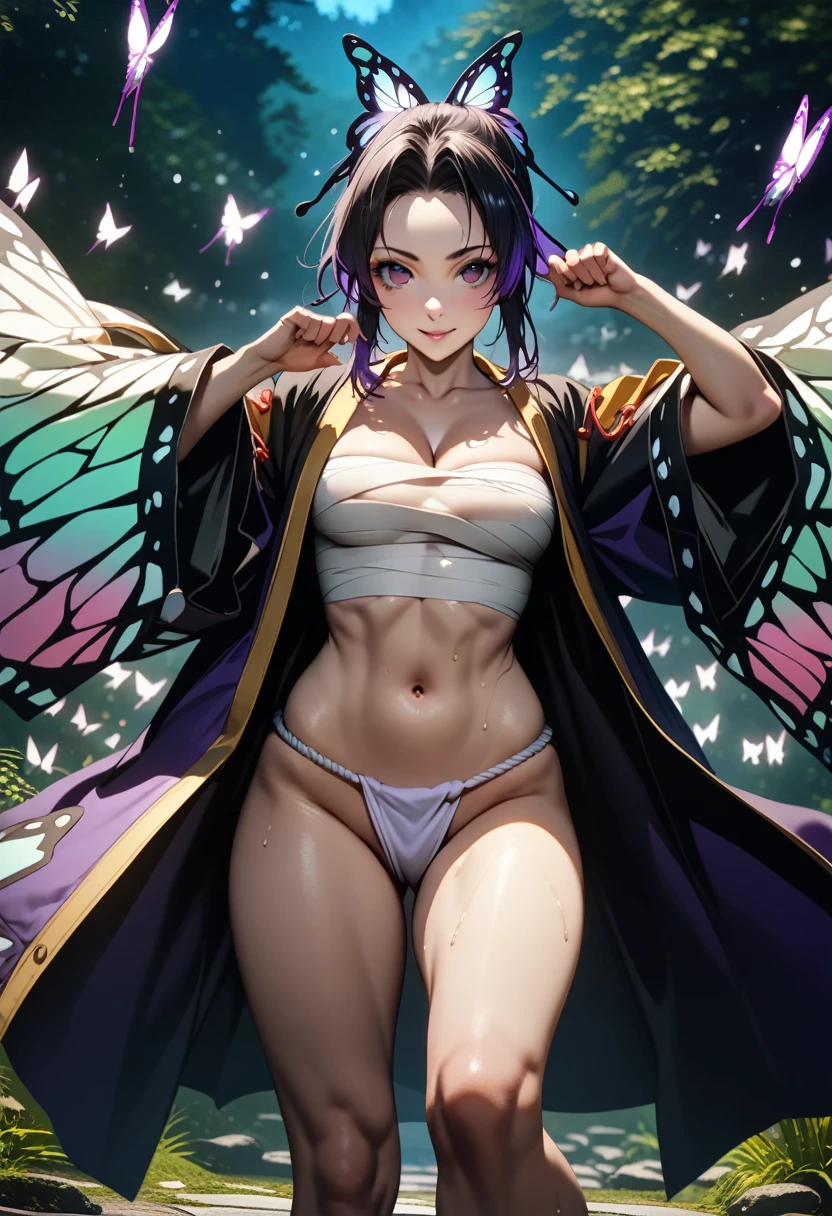 (Representative work: 1.2), (Best image quality: 1.2), Solo, Only Daughter, Shinobu Little Butterfly, Happy Smile, Light Japan Sword, (White shirt: 1.4), Face, Realistic eyes, Lilac eyes, Wet face, Black hair, (Butterfly panties: 1.5), (purple Micro panties:1.2), Taisho era, Spread your legs, from below, (lift your skirt:1.3), show off your panties, (lift yourself:1.3), ultra mini skirt, (Dynamic Pose: 1.2),erected nipple silhouette,large breasts