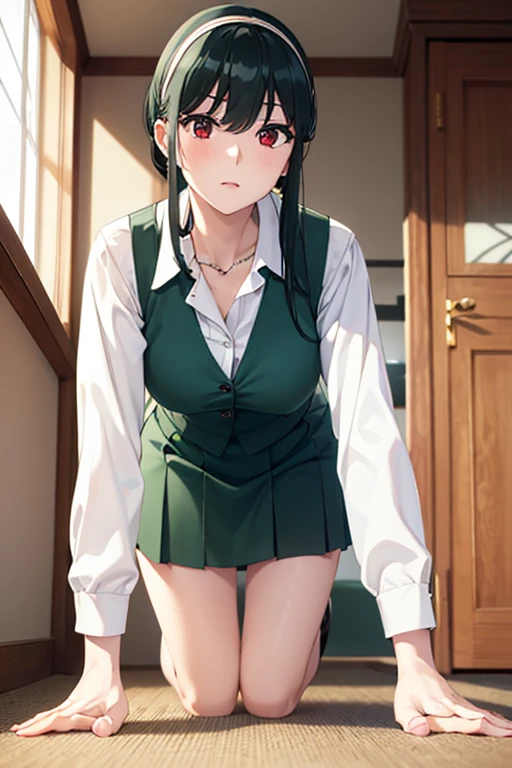 masterpiece, best quality, ultra-high-detailed, 1girl, 2boys, double penetration, multiple penises, from behind, anal, Mion Sonozaki, green hair, green eyes, ponytail, white shirt, red necktie, ((yellow vest)), red skirt,