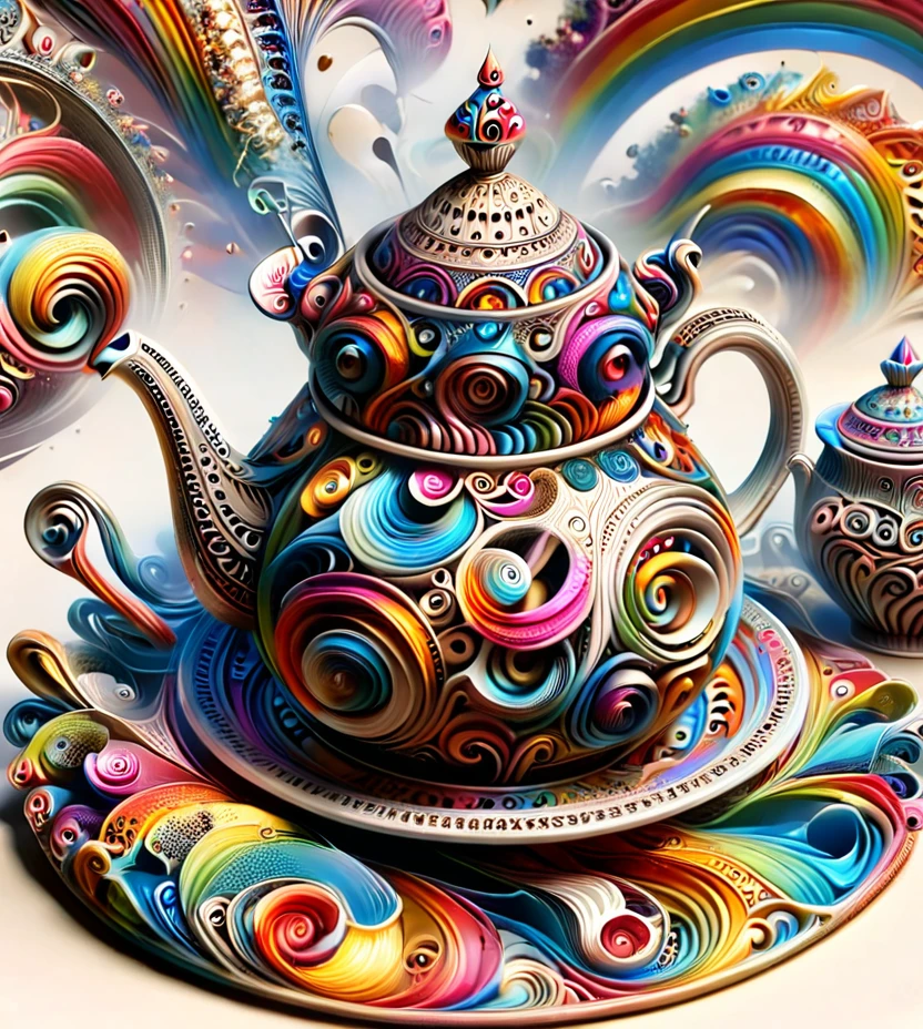 Porcelain vintage tea set, Alice in wonderland,3d, depth perception, fractals holes, spiral, fantasy,  rainbow Colors. 