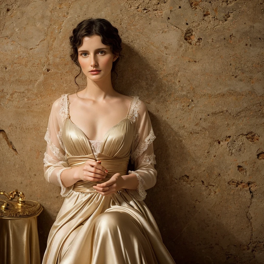 Her gaze is mysterious and piercing, and the corners of her lips are slightly raised in a hint of a smile, adding a touch of mystery and charm to the image. The aristocrat's hair is neatly arranged in a complex hairstyle, decorated with exquisite feathers or pearl hairpins, emphasizing her status and taste. She is wearing a dress that perfectly combines the fashion trends of that time: the dress fits her figure, emphasizing her grace, and the fabric shimmers in the light, creating the effect of a play of light and shadow on her silhouette.
The aristocratic pose conveys confidence and casual elegance. She leans lightly on the marble fireplace, next to which stands a vase with a lush bouquet of exotic flowers, adding bright colors to the composition. Her free hand casually holds a fan, which serves not only as an accessory, but also as an additional element that draws attention to her elegant manner.
The background behind the aristocrat is blurred, in the style characteristic of Boldini, creating the illusion of movement and liveliness, which gives the portrait a special atmosphere of ephemerality and at the same time eternity of the moment. The lighting in the painting gently emphasizes the beauty and sophistication of the model, creating complex play of light and shadow on her face and dress, which makes the image lively and emotionally rich.