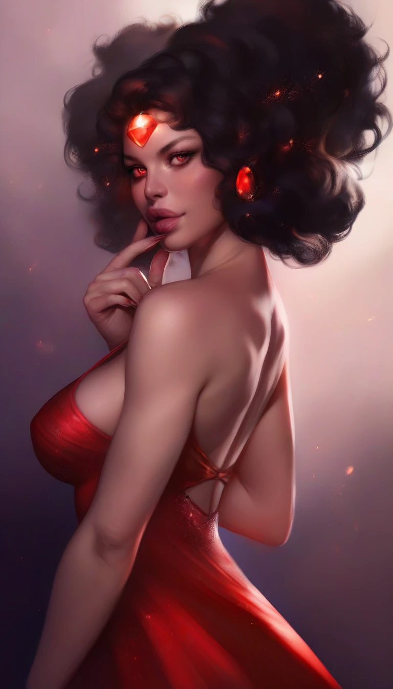 a beautiful and seductive Garnet from Steven Universe, detailed facial features, piercing red eyes, full lips, glowing reddish skin, flowing dark hair, wearing a revealing red dress, elegant and powerful pose, intricate gemstone details, fantasy world background, dramatic lighting, cinematic composition, photorealistic, extremely detailed, 8k, high quality, digital painting, illustration
