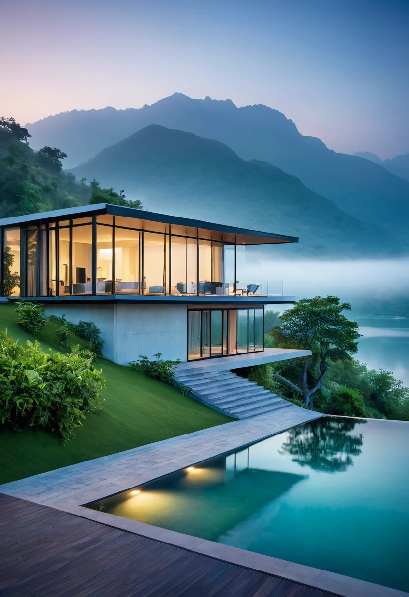 A modern villa, nestled on a tranquil island, is enveloped in a veil of mist. The surrounding mountains, shrouded in a soft, ethereal glow, create a sense of serenity and isolation. The villa's sleek lines and expansive windows offer breathtaking views of the serene lake and the majestic peaks beyond.