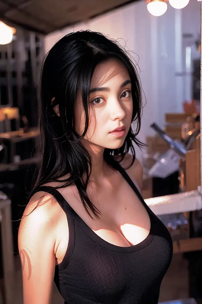 Highest quality, masterpiece, Ultra-high resolution, (Realistic:1.4), RAW Photos, 1 Girl, Black Hair, Shiny skin, Sweaty body, Dramatic lighting, whole body, Female dog, Tank top, Huge breasts