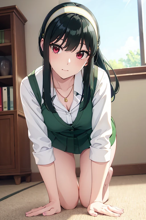 ((Highest quality、Best image quality、Ultra-high resolution、Ultra-high resolutionで描画、alone、Bright red eyes、Very beautiful adult woman、非常に精細なBeautiful Face、very fine and beautiful eyes、Innocence、Beautiful gesture、シンメトリーのBeautiful Face))1 Girl、Natural soft light、Daytime、charm、Beautiful Face、Cleanliness、Pure Face、Shiny skin、Black Hair、Light of the sun、((officeシャツ、Green tight skirt、Roll up your sleeves and stick your arms out、Golden RatioのBeautiful Face、Golden Ratio、Show to the audience、Expose your hips))、Long neck、Neat long hair with bangs、Perfect Fingers、Perfect hands、Perfect body、Perfect Face、Perfect Anatomy、Tall Supermodels、Long-legged supermodel、Long neck、Broad shoulders、Bright office windowsill background、officeの背景、Beautiful neckline、Very beautiful and sexy woman、Shadow Fade、White hair band、Black Hair、officeレディ、Her  is visible、Company Background、realistic stockings、office、tuck shirt into skirt、company employee、Her  is visible、Hair tied back、Green tight skirt、The gesture of tying hair、Sexy pose、後ろ向きでOn all fours、Turn around and look at the camera、Show your back、White shirt、Looking up from below、((Show your 、Turn around、Panties visible from under the skirt、Turn your back、腰を落としてTurn around、Stick your  out、Red 、Show your pants、Unon your shirt、Wear a green vest))、Green vest,green tight skirt、Thin Necklace、White hair band、Turn your 、squat、((On all fours))、The camera is from below