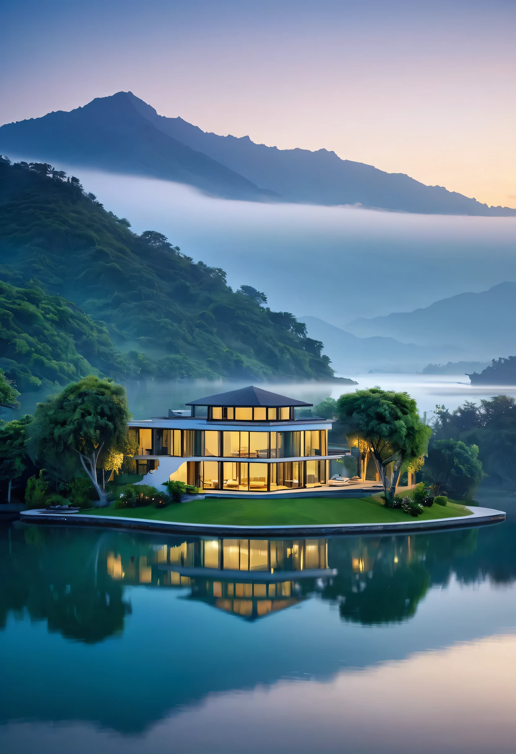 A modern villa, nestled on a tranquil island, is enveloped in a veil of mist. The surrounding mountains, shrouded in a soft, ethereal glow, create a sense of serenity and isolation. The villa's sleek lines and expansive windows offer breathtaking views of the serene lake and the majestic peaks beyond.