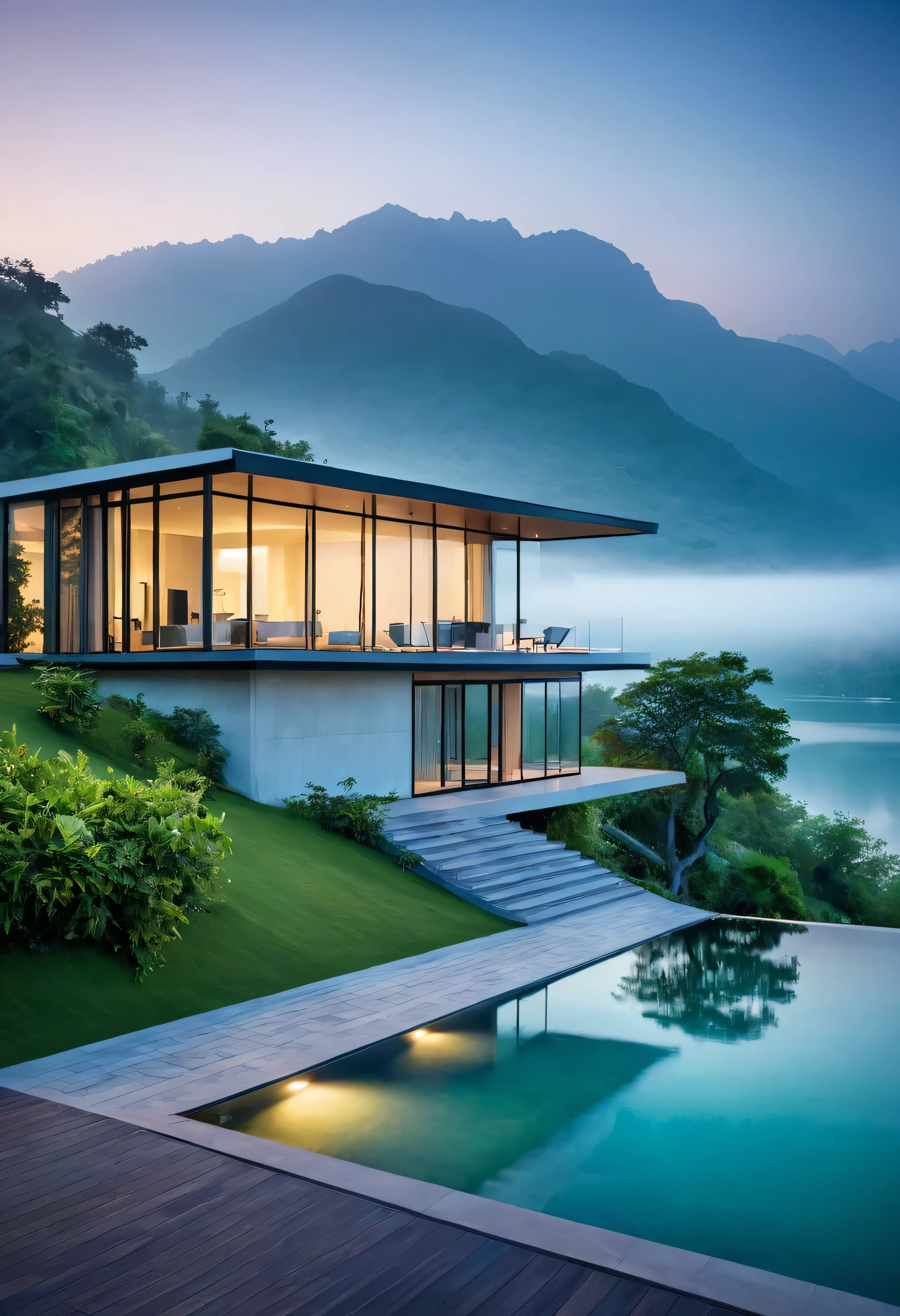 A modern villa, nestled on a tranquil island, is enveloped in a veil of mist. The surrounding mountains, shrouded in a soft, ethereal glow, create a sense of serenity and isolation. The villa's sleek lines and expansive windows offer breathtaking views of the serene lake and the majestic peaks beyond.