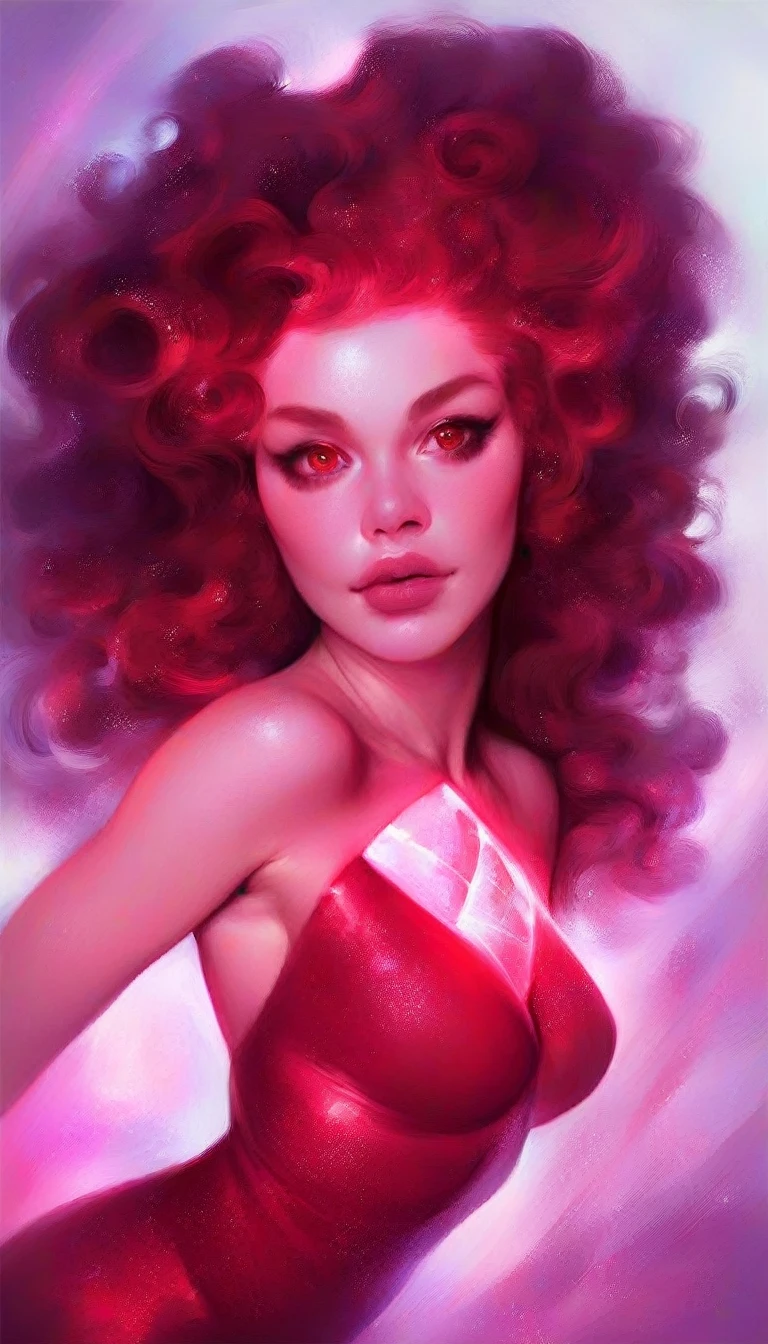 a beautiful and seductive Garnet from Steven Universe, detailed facial features, piercing red eyes, full lips, glowing reddish skin, flowing dark hair, wearing a revealing red dress, elegant and powerful pose, intricate gemstone details, fantasy world background, dramatic lighting, cinematic composition, photorealistic, extremely detailed, 8k, high quality, digital painting, illustration
