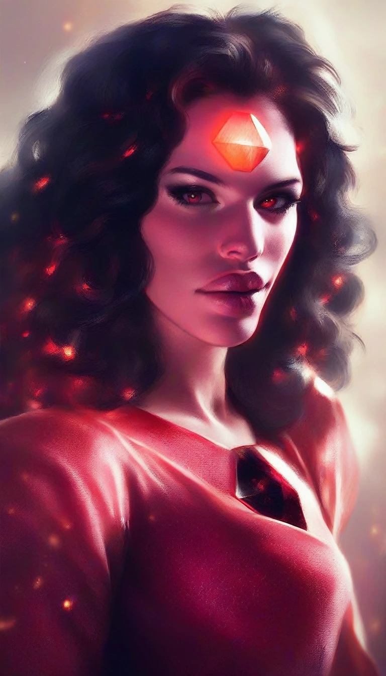 a beautiful and seductive Garnet from Steven Universe, detailed facial features, piercing red eyes, full lips, glowing reddish skin, flowing dark hair, wearing a revealing red dress, elegant and powerful pose, intricate gemstone details, fantasy world background, dramatic lighting, cinematic composition, photorealistic, extremely detailed, 8k, high quality, digital painting, illustration
