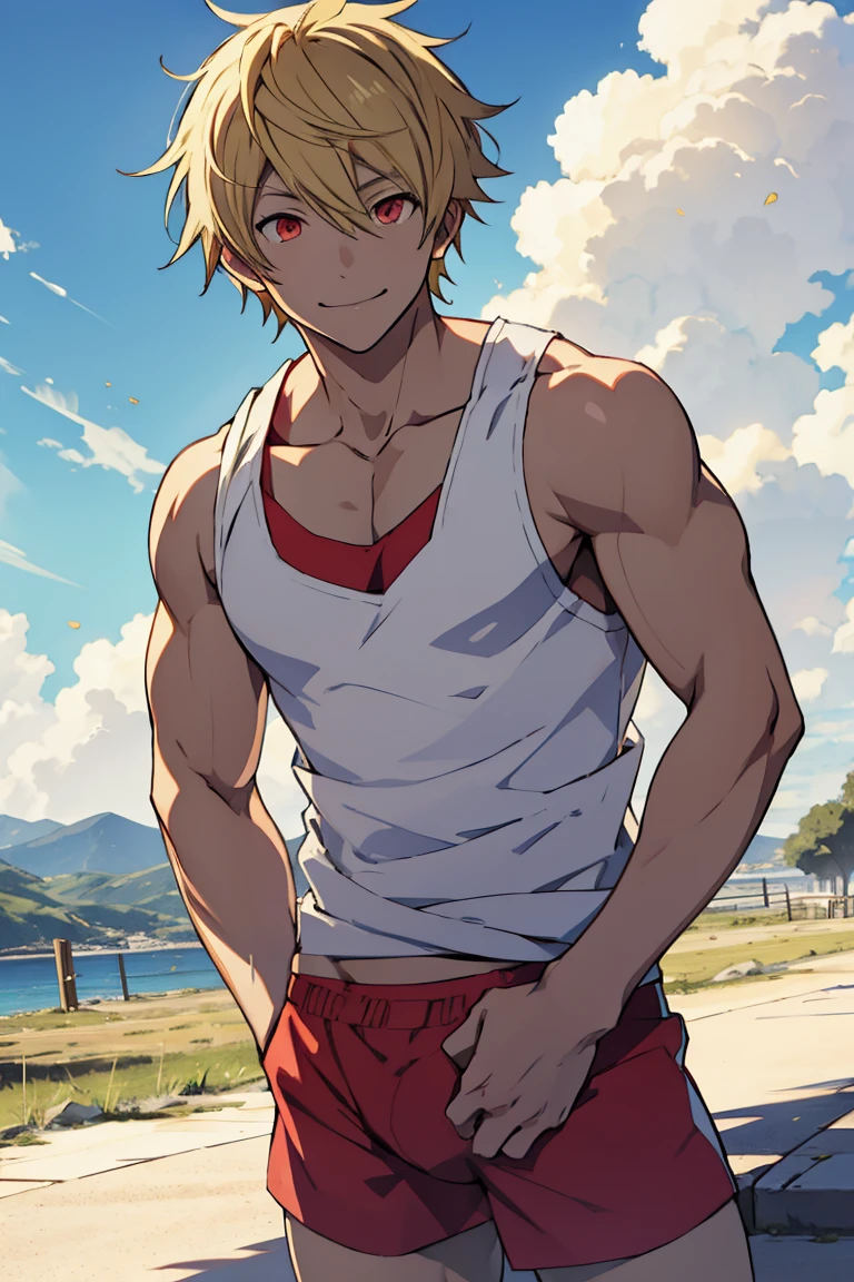 yukine(/noragami/), blonde hair, red eyes, smile, tank top, slim, fit, abs, closed mouth, outdoors, sky, day, briefs, cloud, sunny, briefs,