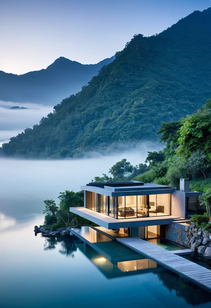 A modern villa, nestled on a tranquil island, is enveloped in a veil of mist. The surrounding mountains, shrouded in a soft, ethereal glow, create a sense of serenity and isolation. The villa's sleek lines and expansive windows offer breathtaking views of the serene lake and the majestic peaks beyond.