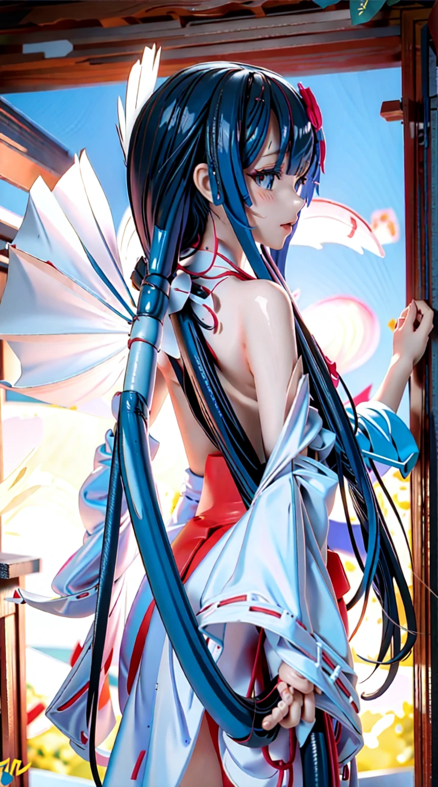 (nsfw),(Topless:1.5),(Masterpiece)、(Highest quality)、16K、raw photo、Realistic、High resolution、1girl,独奏,Shrine maiden、Kagura in front of the shrine、Dance、Sacred Shrine Stage、Complete Anatomy、Balanced physical beauty、Detailed face、Cute face、Detailed body、Detailed arms、Detailed hands、Detailed fingers、Detailed feet, (Re:Starting Life in Another World from Zero、Rem)