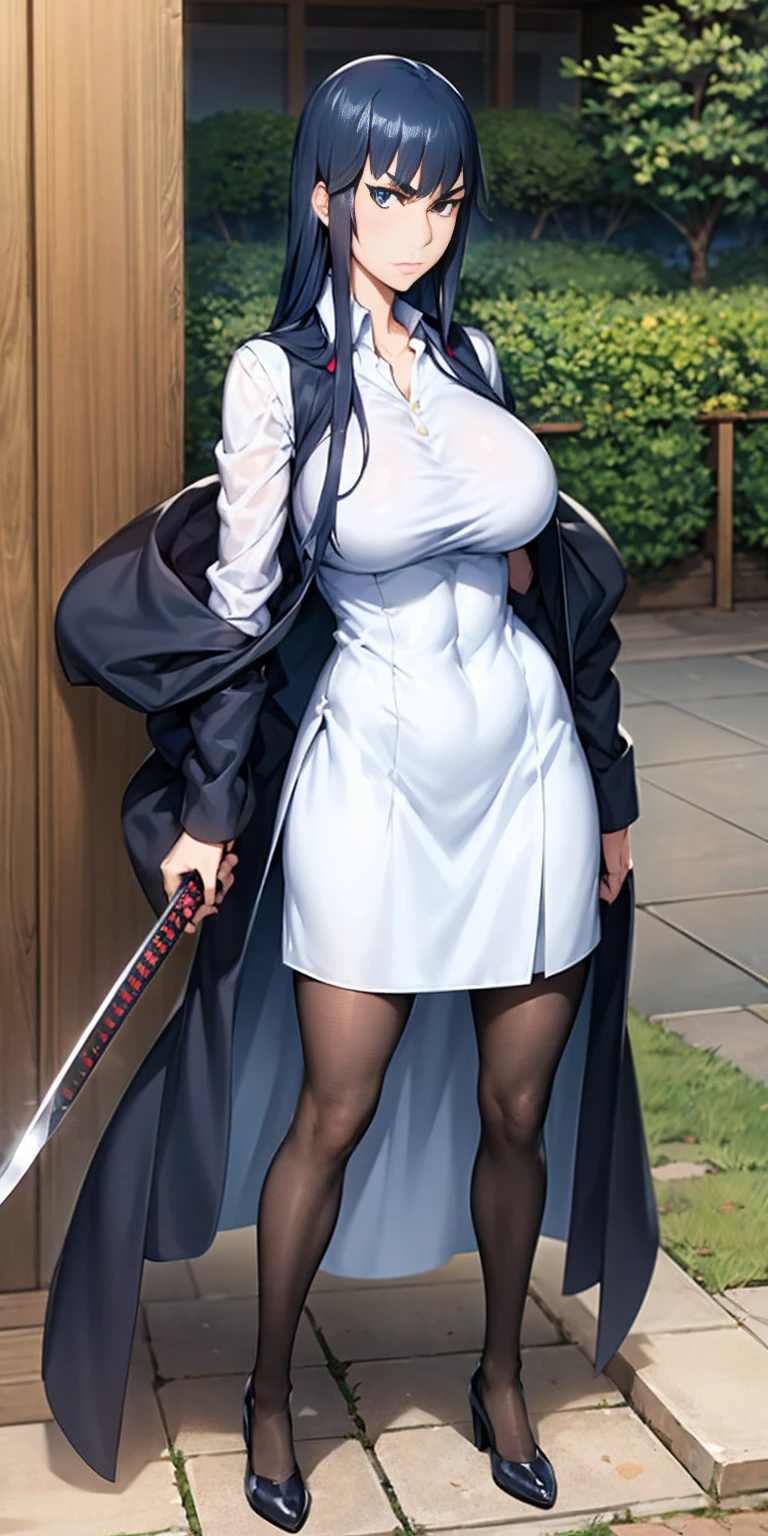 Satsuki Kiryuin, Satsuki Kiryuin from Kill-la-Kill, mesh stockings, standing with a katana, full height, bottom view, best quality, very detailed, ultra 8k resolution, coat, vest, long skirt, portrait, full body, Victoria's clothing, long dress, knight, pants, black skinn suit, medieval city, plants, vest,polo shirt, forest, long skirt