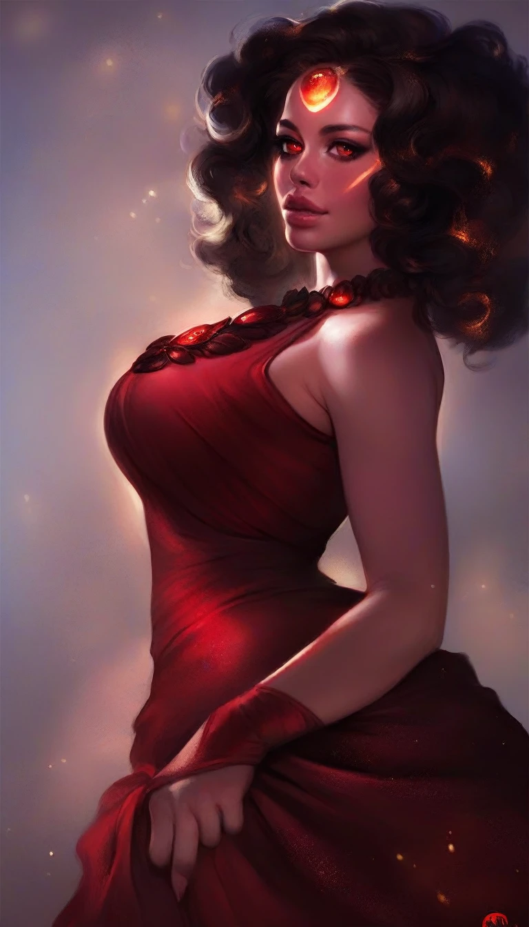 a beautiful and seductive Garnet from Steven Universe, detailed facial features, piercing red eyes, full lips, glowing reddish skin, flowing dark hair, wearing a revealing red dress, elegant and powerful pose, intricate gemstone details, fantasy world background, dramatic lighting, cinematic composition, photorealistic, extremely detailed, 8k, high quality, digital painting, illustration
