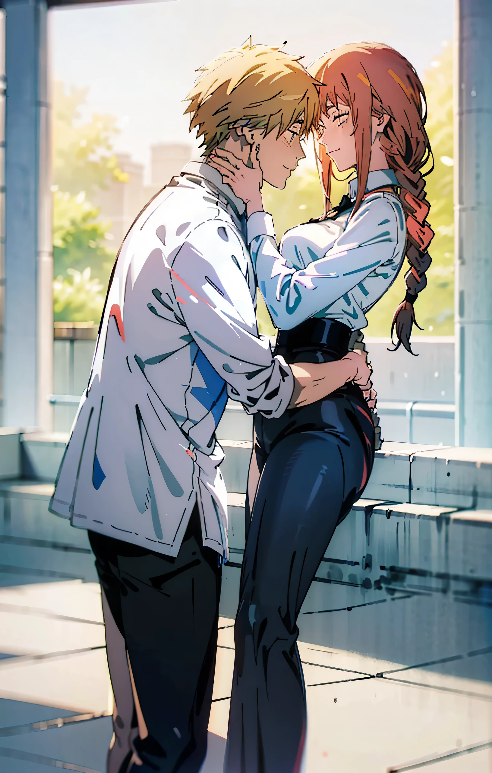 Makiden The couple in the photo are deeply in love and lost in the moment. Denji, The man is tall and handsome, wistoh chiselled features , blonde hair and eye color is orange. His love for the woman is evident in the way he looks at her with adoration. He wears slim-fitting black pants, a black tie, and a simple white shirt (with the sleeves rolled up). Makima, The woman has similarly wonderful, soft features, and although she smiles a calm, soft, gentle smile, there is a hidden agenda behind it. She has a long, red braided ponytail and her ring-shaped eyes put a lot of pressure on her opponents just by staring into them. Her figure is slim and stylish, with good proportions. She is wearing slim-fitting black pants, a black tie, and a simple white shirt, which enhances her dignified presence and mysterious aura. She has a good figure, so her waist is clearly defined and she exudes a sexy aura. Super high quality. HDRI. Beautiful and fantastically designed. Beautiful and fantastical landscapes in the background. In detail. Cinematic parallax. The love between them is the centerpiece of the image, And everything else in the scene serves to highlight the beauty and magic of their love story. They are alone. (Duas pessoas).