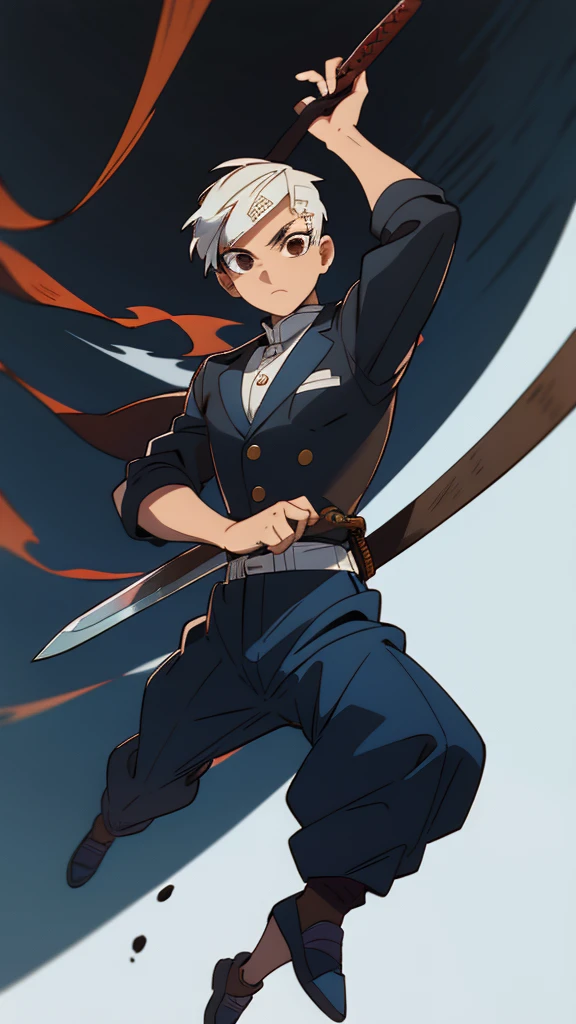 An adventurous man with short hair, a white cut, his brown eye, wears a suit of blacksmith armor and long black pants, blue shoes, carries two rusty metal swords, mega sharp. 