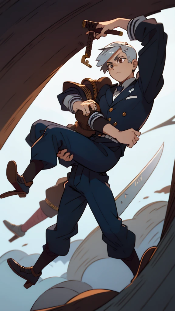 An adventurous man with short hair, a white cut, his brown eye, wears a suit of blacksmith armor and long black pants, blue shoes, carries two rusty metal swords, mega sharp. 