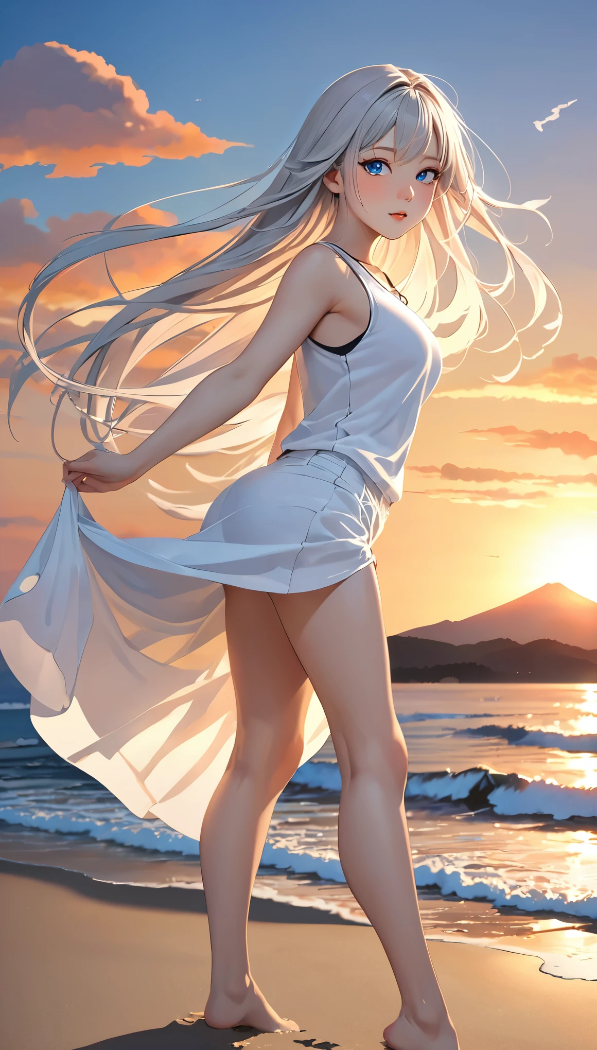 Highest quality, Super quality, 16K, Incredibly absurd, Very detailed, 2.5D, delicate and dynamic, blue sky, Calm sea, Sandy Beach, Sunset, sunset, Enoshima, Fuji Mountain, Small face, Extremely delicate facial expression, Delicate eye depiction, Extremely detailed hair, Upper body close-up, erotic, sole sexy Japanese lady, healthy shaped body, 22 years old lady, student, huge firm bouncing busts, white silver long hair, sexy long legs, Glowing Skin, Soft Skin, Sleeveless white T-shirt, brown long skirt, barefoot, Standing backwards, Turn to the camera