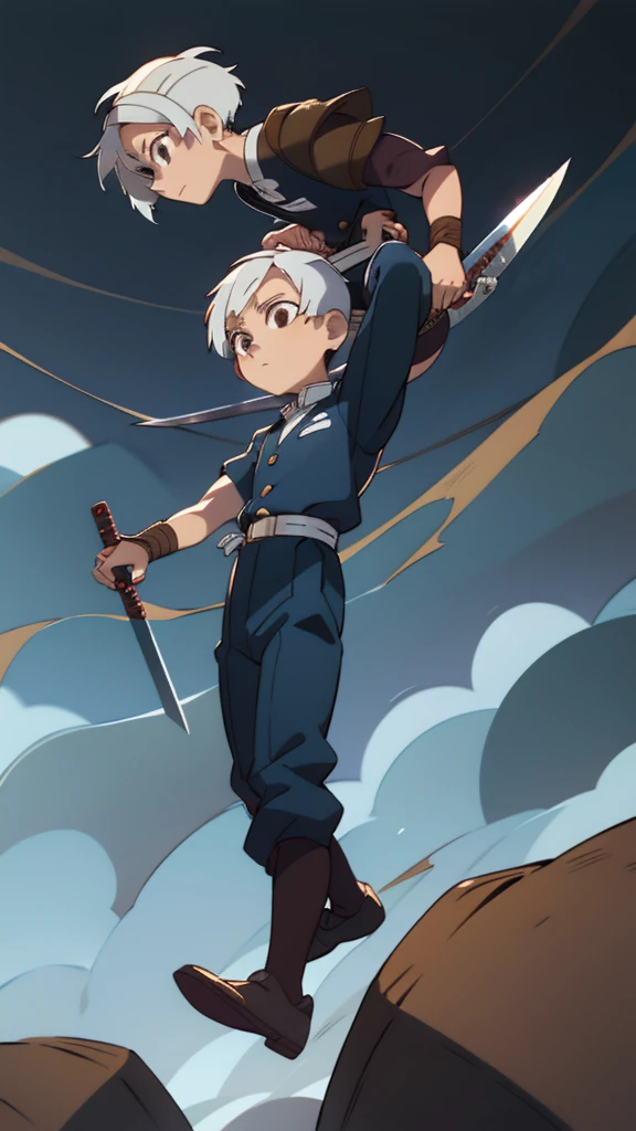 A young, adventurous boy with short hair, a white cut, and his brown eye, wears a suit of blacksmith armor and long black pants, blue shoes, and carries two rusty metal swords that are mega sharp. 