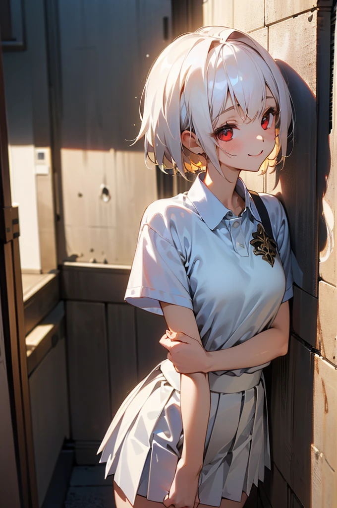 ((masterpiece,Highest quality, High resolution)), One girl, alone, Red eyes, Short white hair, smile, , White Seraphim, Short sleeve, White pleated skirt, (In the alley), Dramatic Light, afternoon light through the window, afternoon, Bokeh effect