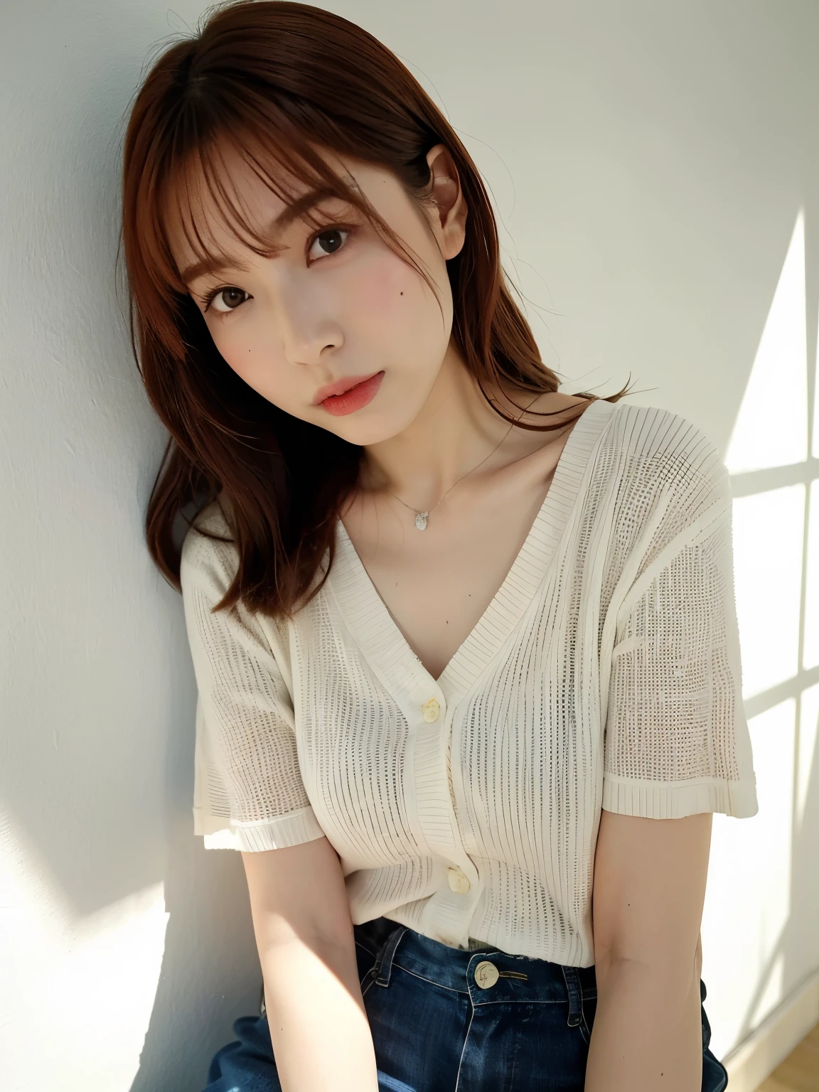 top-quality、hight resolution、ultra-detailliert、masterpiece、Raw photography、realisitic、Photorealsitic、extremely delicate and beautiful、finely detail、Textured skin、full-shot、(in cafe)、1woman and 1man、japanese、18year old、(((wearing white blouse and plaid long skirt),detailed bra showing,、((rib knit blouse)),tall,Brown hair、wavy hair,short hair,Wearing makeup,、Do not wear anything on your arm、perfectly proportions,spreading her legs,focus her panties,(((sexual position missionary))),(((lying down on the chair))),ponytail,vaginal sex,((having sex)),upclothes and bare breast,(((missionary pov))),handjob,penis,splashing with semen(((sexual handjob)))