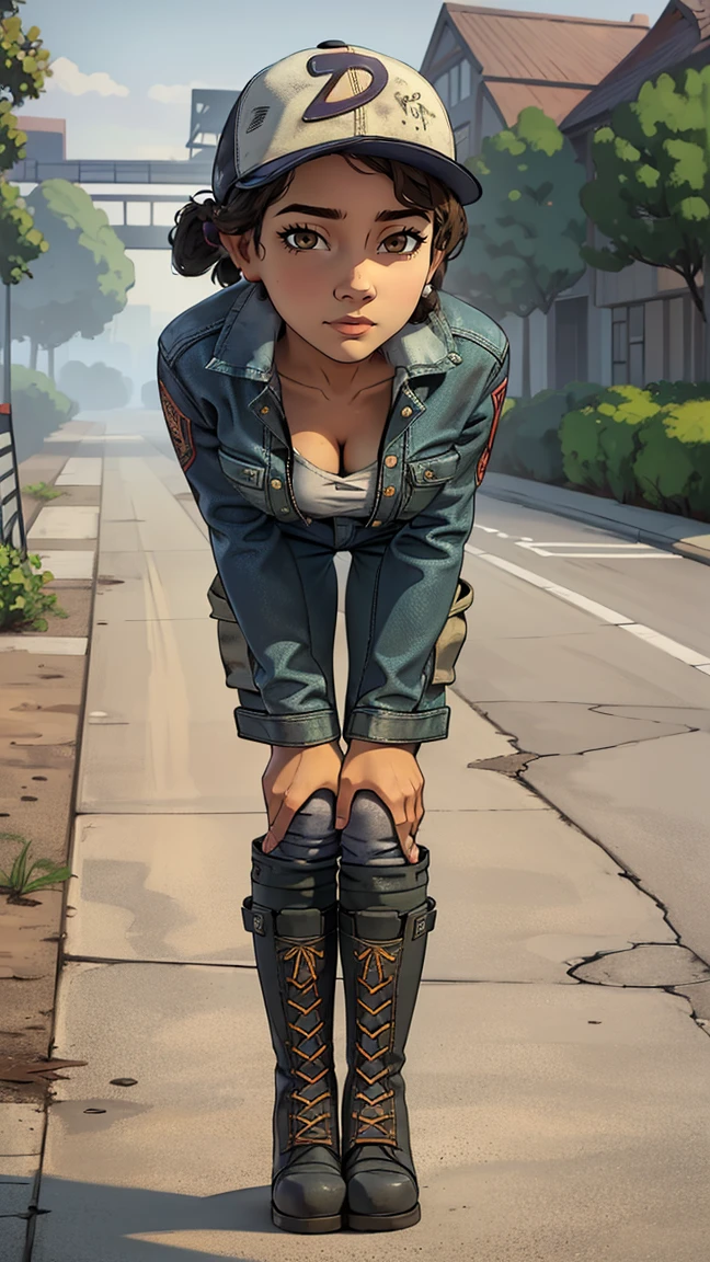 ((masterpiece, best quality)),(complex lighting) ,solo,(((1girl))) ,clementine, light skin,light-skinned female, baseball cap, green cargo pants, brown eyes, tight pants, combat boots, shirt, short hair, one short ponytail, open denim jacket, huge butt, naked butt , (((8k))), (((full body))), (((bent over))), (((looking at the viewer))), (((view from in front of her))), stand up big breasts