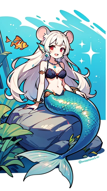 (full body:1.3), best quality, masterpiece, ultra detailed, detailed, hyper detailed, White background, Beautiful standing figure, (最high quality,4K,8K,High resolution,masterpiece:1.2),Super detailed, A cute anthropomorphic albino mouse girl magically transformed into a beautiful mermaid, Race Swap, amazing transformation, Fanged teeth, laughing, Drawn in anime style, steampunk, fish-like, Very long curly white hair, Red eyes, White fur, Feminine body, Blessed , Beard, Mouse Ears, Fish with sparkling cyan scales、A long and elaborate mermaid tail, Long pelvic and dorsal fins, She has a pair of fish gills on her torso., Seashell bra, pearl earrings and bracelet, Pearl Necklace, Expression of joy, Sitting on a rock, Sandy Beach, New beautiful body,彼女はlaughing,There&#39;s a mermaid embracing her new life, Combing hair, Ocean Waves,Carbonated water,Coconut Tree,Seagull,Coral Reef,Vibrant colors,Magical Glitter,Shimmering Scales,sea breeze,Warm sunshine,Expression of joy,Paradise Island,Lush tropical vegetation,Dynamic configuration,Soft and smooth lines,Expressive facial features,Calm water reflection,Serene atmosphere, Very detailed, masterpiece, high quality, 4K
