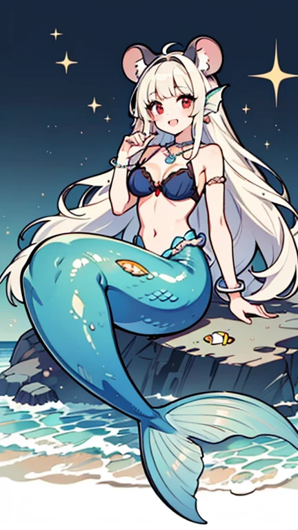 (full body:1.3), best quality, masterpiece, ultra detailed, detailed, hyper detailed, White background, Beautiful standing figure, (最high quality,4K,8K,High resolution,masterpiece:1.2),Super detailed, A cute anthropomorphic albino mouse girl magically transformed into a beautiful mermaid, Race Swap, amazing transformation, Fanged teeth, laughing, Drawn in anime style, steampunk, fish-like, Very long curly white hair, Red eyes, White fur, Feminine body, Blessed breasts, Beard, Mouse Ears, Fish with sparkling cyan scales、A long and elaborate mermaid tail, Long pelvic and dorsal fins, She has a pair of fish gills on her torso., Seashell bra, pearl earrings and bracelet, Pearl Necklace, Expression of joy, Sitting on a rock, Sandy Beach, New beautiful body,彼女はlaughing,There&#39;s a mermaid embracing her new life, Combing hair, Ocean Waves,Carbonated water,Coconut Tree,Seagull,Coral Reef,Vibrant colors,Magical Glitter,Shimmering Scales,sea breeze,Warm sunshine,Expression of joy,Paradise Island,Lush tropical vegetation,Dynamic configuration,Soft and smooth lines,Expressive facial features,Calm water reflection,Serene atmosphere, Very detailed, masterpiece, high quality, 4K
