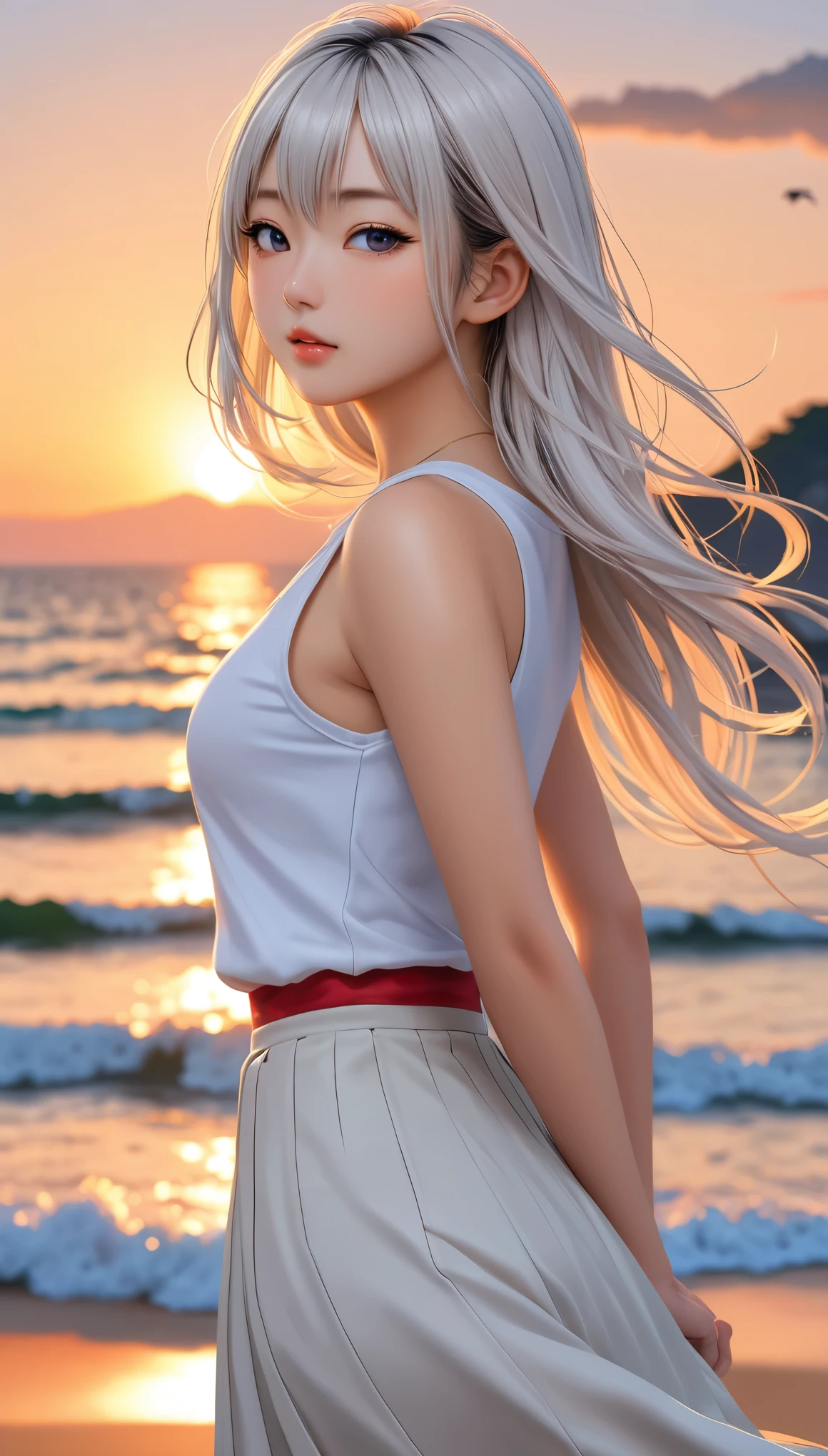 Highest quality, Super quality, 16K, Incredibly absurd, Very detailed, 2.5D, delicate and dynamic, blue sky, Calm sea, Sandy Beach, Sunset, sunset, Enoshima, seabird, Small face, Extremely delicate facial expression, Delicate eye depiction, Extremely detailed hair, Upper body close-up, erotic, sole sexy Japanese lady, healthy shaped body, 22 years old lady, student,  huge firm bouncing busts, white silver long hair, sexy long legs, Glowing Skin, Soft Skin, Sleeveless white T-shirt, brown long skirt, barefoot, Standing backwards, Turn to the camera