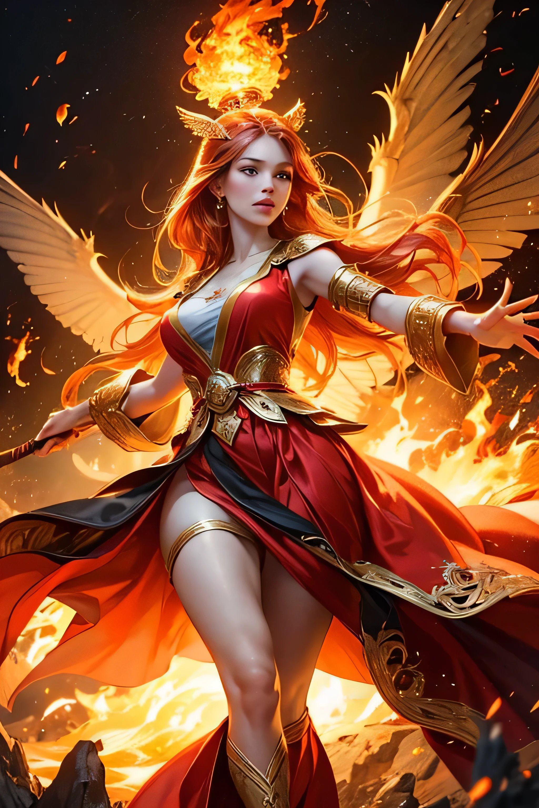 1girl,A flame mage dressed in fiery red(Chinese Hanfu),The robe was embroidered with intricate runes and ornaments,Exudes a burning breath。He was tall and powerful,Hands up,A powerful flame spell is being unleashed。His eyes were firm and sharp,A flash of fire flashed in his eyes,Behind the Flame Mage,(A huge flame phoenix spread its wings and flew:1.2),(The feathers of the phoenix burned with a roaring flame),It shines brightly,Its body is surrounded by flames,Flame feathers dance,Form a spectacular flaming six-pointed star array pattern,Full of mysterious magic,The whole scene is full of fiery aura and passion for fighting,Large areas of flame spells bloomed in the air,A brilliant arc of flame and a flying spark were formed,(Flame Mage and Phoenix),It looks majestic and mysterious in the midst of a raging fire,Like the embodiment of fire and magic,red hair,high detal,ultra-realistic realism,Verism,((Bust photo)),(real photograph:1.4),(lightand shade contrast),cinmatic lighting,Realistic special effects,c4d渲染,rendering by octane,Ray traching,in a panoramic view,POV,textureskin,super detailing,UHD,tmasterpiece,anatomy correct,best qualtiy,A high resolution,8k