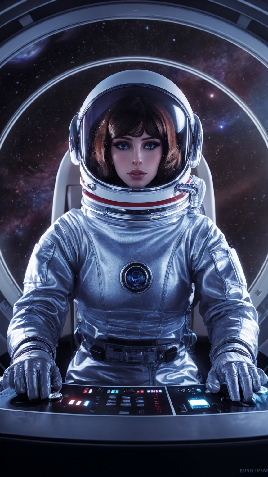 A captivating image of Lana Del Ray transformed into a futuristic space astronaut. She dons a sleek, silver astronaut suit with a transparent helmet, displaying her iconic hairstyle and makeup. Her hands are on the controls of a spaceship's console, with a vast, star-filled universe behind her. The overall ambiance of the image exudes a sense of wonder and exploration, blending the worlds of music and space travel.