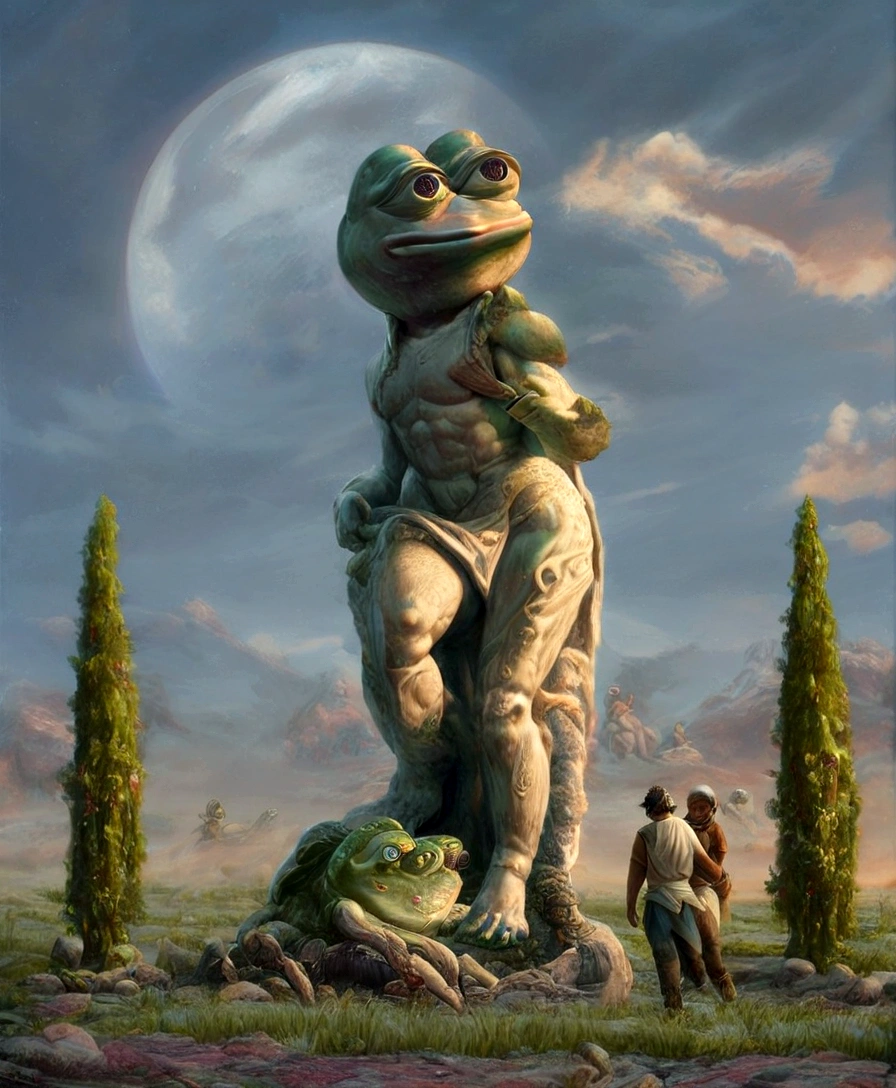 arafed turtle statue in a field with a man and a woman, realistic fantasy render, sylvain sarrailh and igor morski, baroque vaporwave statue, an ancient creature, monster statues, stefan koidl inspired, by Alexander Kucharsky, stefan koidl, in a park on a alien planet, ancient creature, stone statue