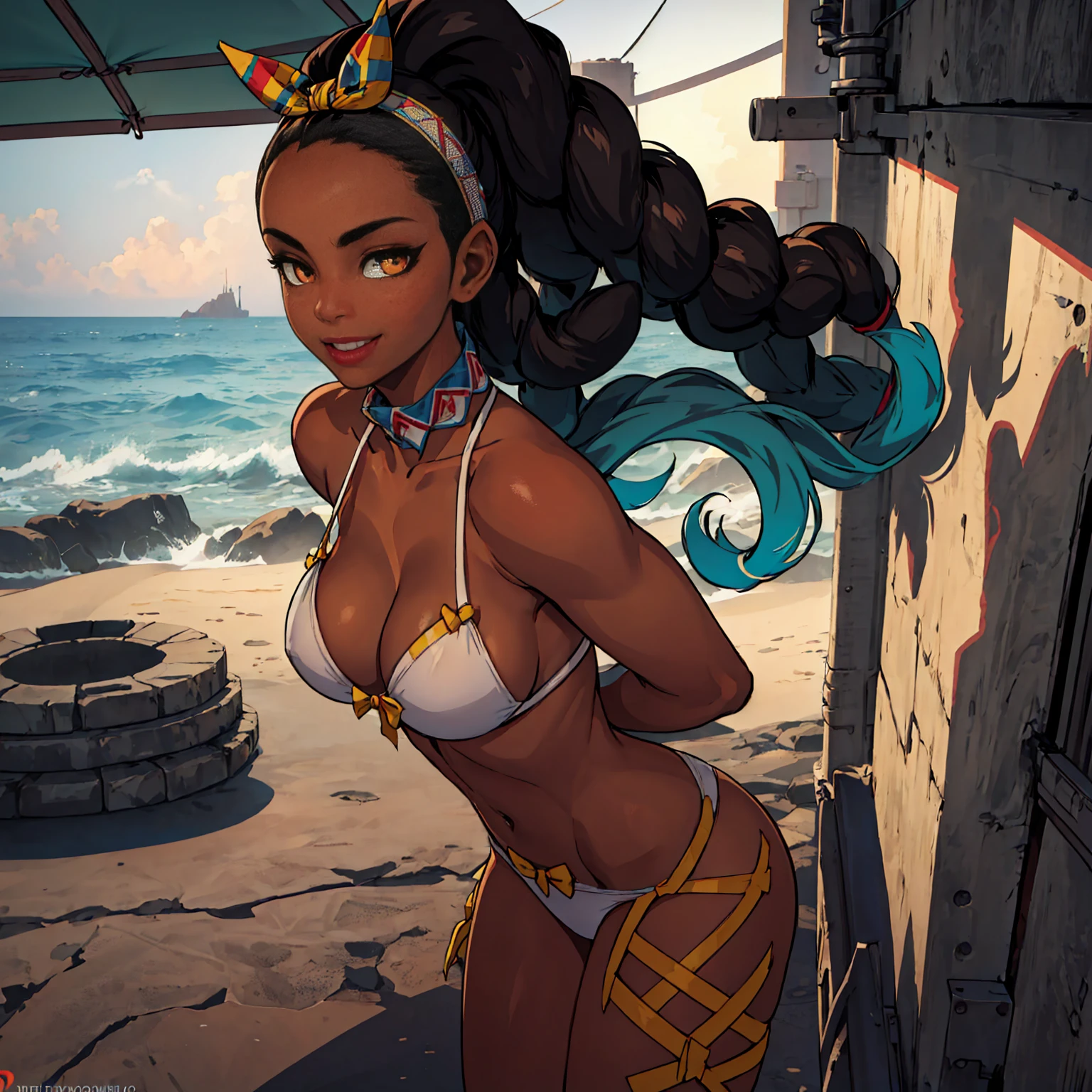an Arab woman in her twenties, mid-length curly black hair, dark skin, small breasts, ice blue eyes, black tattoo on the left arm, she nude!!!, penis instead of a pussy, arms crossed, white bikini , black baseball cap, arrogant, ghetto, sexy body, digital art style