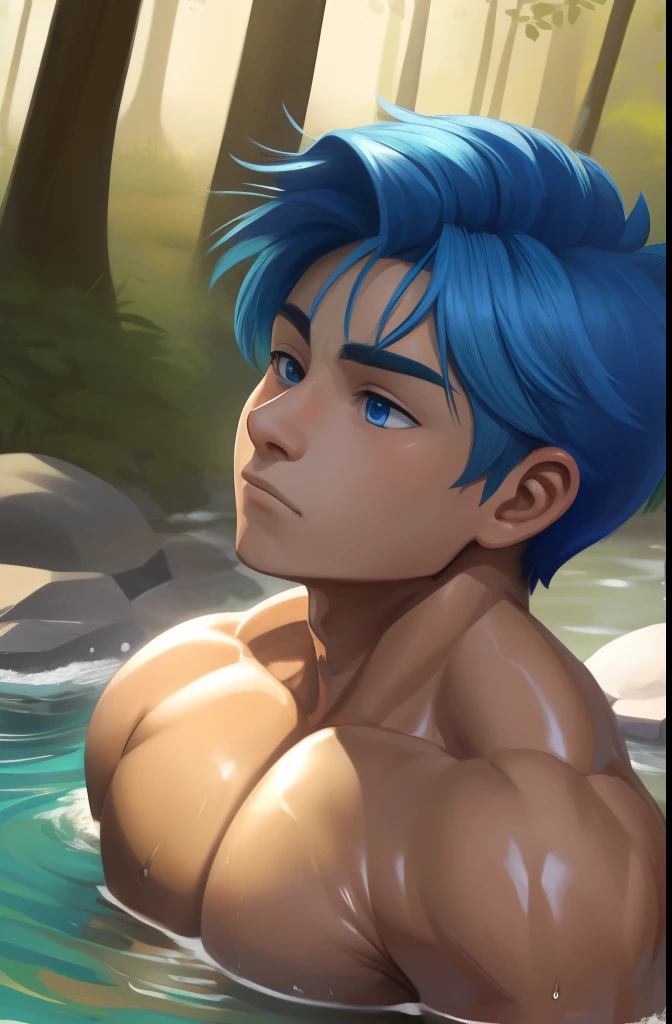 (HUMAN) a Teen taking a bath in a river in a forest, military haircut, cobalt blue hair, blue Eyes, trending on bbwchan, meditating pose, up close shot shinji aramaki, inspired by Abdullah Gërguri, perfect muscle structure, unreal rendered, made of rubber, pictured from the shoulders up, doomy, drool, very muscular with broad shoulders, prominent pectorals and very marked abs, bodybuilder body, huge chest, huge pecs. Mexican ethnicity. muscular gigachad benediction, the ultimate gigachad. Young man, yung face. Teen. Penis, Erect penis, Testicles.