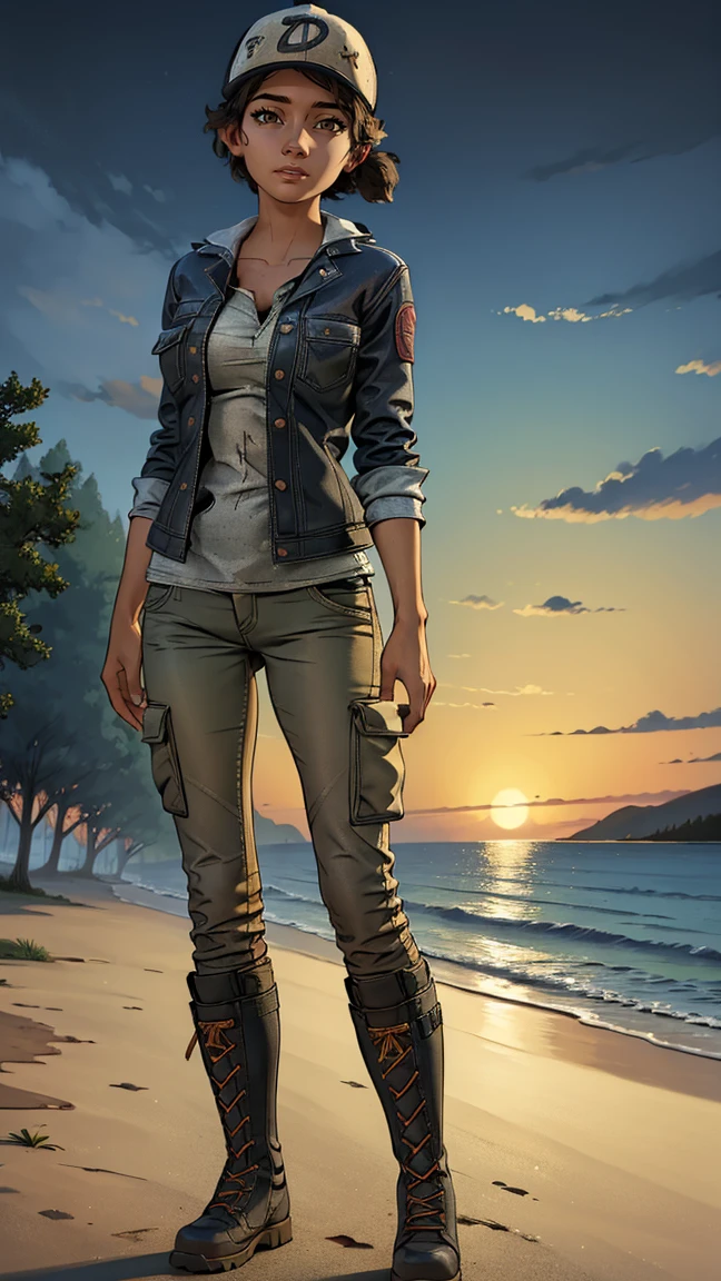 ((masterpiece, best quality)),(complex lighting) ,solo,(((1girl))) ,clementine, light skin,light-skinned female, baseball cap, green cargo pants, brown eyes, tight pants, combat boots, shirt, short hair, one short ponytail, open denim jacket, huge butt, naked butt , (((8k))), (((full body))), , (((looking at the viewer))), (((view from in front of her))), stand up big breasts