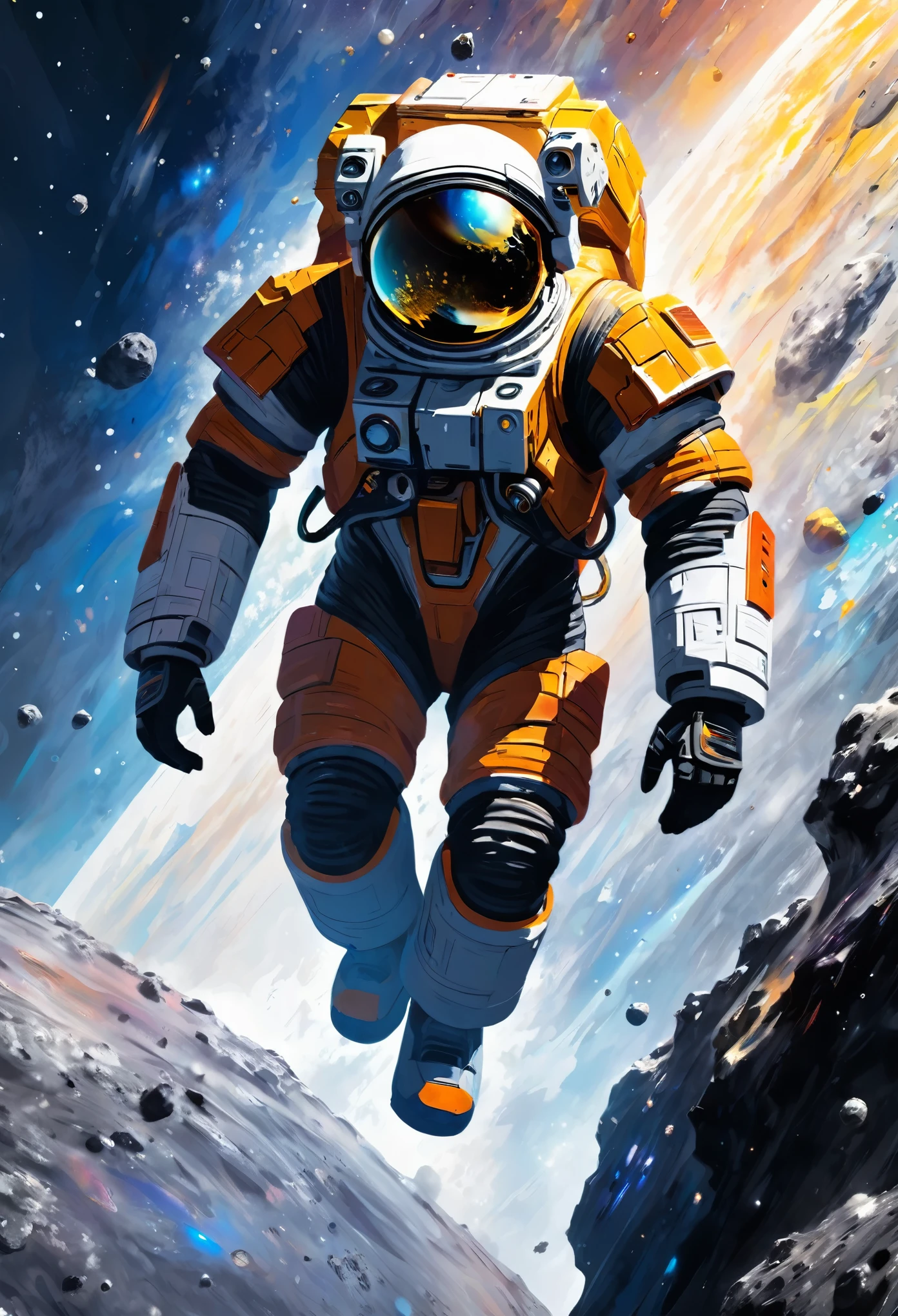 astronaut,  climbing the asteroid,  character render, ultra high quality model, ethereal background, abstract beauty, explosive volumetric, oil painting, heavy strokes, paint dripping