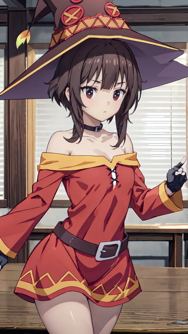 Artgerm, table, Best quality, extremely detailed, table, Best quality, Megumin, 1 girl in, bare shoulders, beautiful buttocks, стоит опершись о table, very sexy, smile, cheerful, Black e.g, black gloves, black hair, e.g, necklace, clavicle, dress, hair between eyes, It has, long sleeves, I look at the viewer, Medium hair, off shoulder dress, off the shoulders, Red dress, Red eyes, side locks, One, witch hat, in room