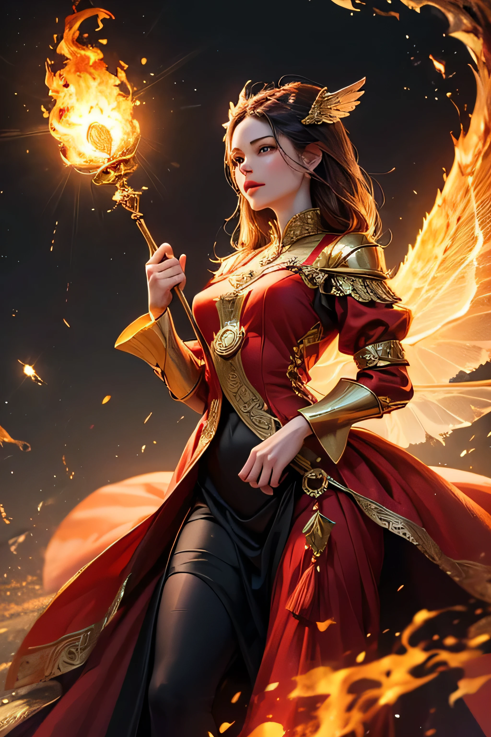  a young lady,displaying her own power.((order, law,control, holy,prime power,commander)),((red,gold,light yellow,fire orange)),(( Full figure wiew)). ((Three quarter wiew)),((deep wiew)),modern suburbs scenario background,photographic,ultra high resolution,hyperdetailed, masterpiece, 3d modelling, digital art.