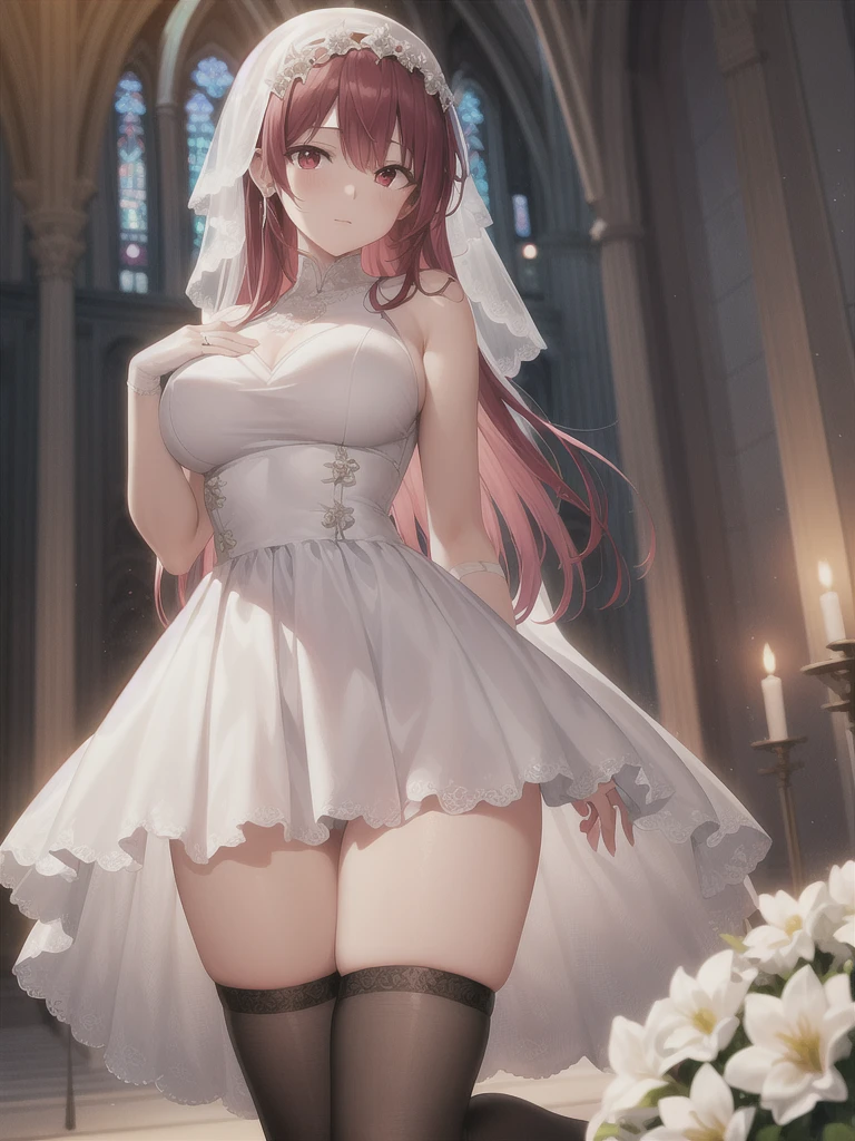 A girl，Long hair, Bangs, Pink Hair, Hair between the eyes, (Red Eyes:1.5),  (Large Breasts:1.2), 
rest  锁骨, Wedding dress，veil，wedding，White Dress，Flowers，The skirt is broken，White socks，Tights，Black knee socks，
Looking at the audience, whole body,Put your hands in front of you，手拿Flowers，
indoors, church，permanent，permanent，
rest (masterpiece:1.2), best quality, high resolution, Unity 8K wallpaper, (illustration:0.8), (Beautiful and delicate eyes:1.6), Extremely detailed face, Perfect lighting, Extremely detailed CG, (Perfect hands, Perfect anatomical structure),