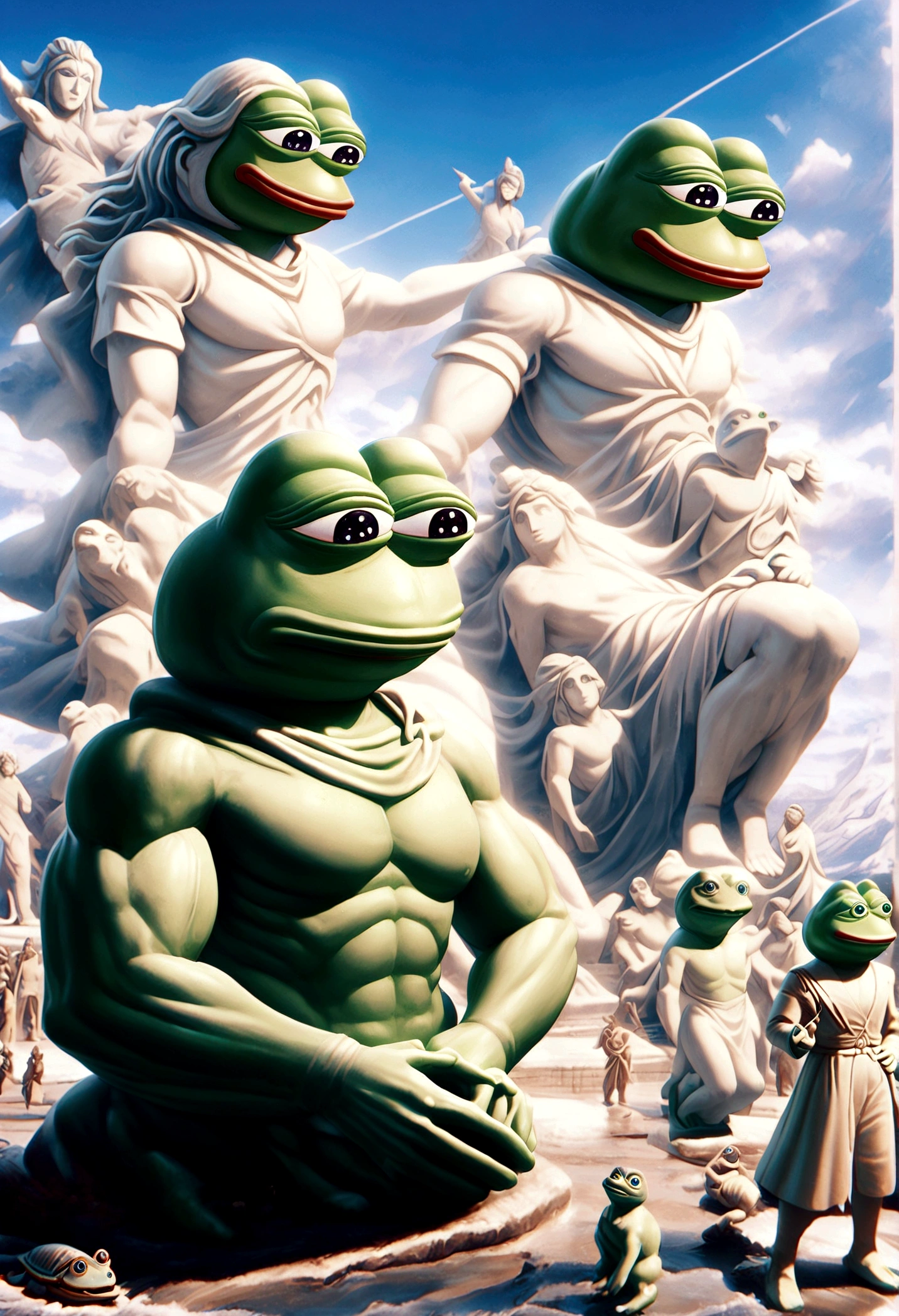 pepe the frog big statue , arafed turtle statue in a field with a man and a woman, realistic fantasy render, sylvain sarrailh and igor morski, baroque vaporwave statue, an ancient creature, monster statues, stefan koidl inspired, by Alexander Kucharsky, stefan koidl, in a park on a alien planet, ancient creature, stone statue
