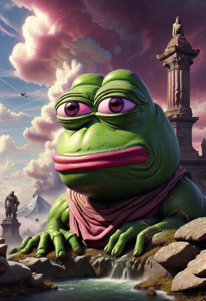 Hyperrealistic art BJ_Sacred_beast, pink pepe_frog,outdoors,sky,day,cloud,water,blue_sky,no_humans,cloudy_sky,building,scenery,reflection,monster,bridge,fog, cinematic lighting,strong contrast,high level of detail,Best quality,masterpiece,White background,. Extremely high-resolution details, photographic, realism pushed to extreme, fine texture, incredibly lifelike,pepe the frog big statue , arafed turtle statue in a field with a man and a woman, realistic fantasy render, sylvain sarrailh and igor morski, baroque vaporwave statue, an ancient creature, monster statues, stefan koidl inspired, by Alexander Kucharsky, stefan koidl, in a park on a alien planet, ancient creature, stone statue



