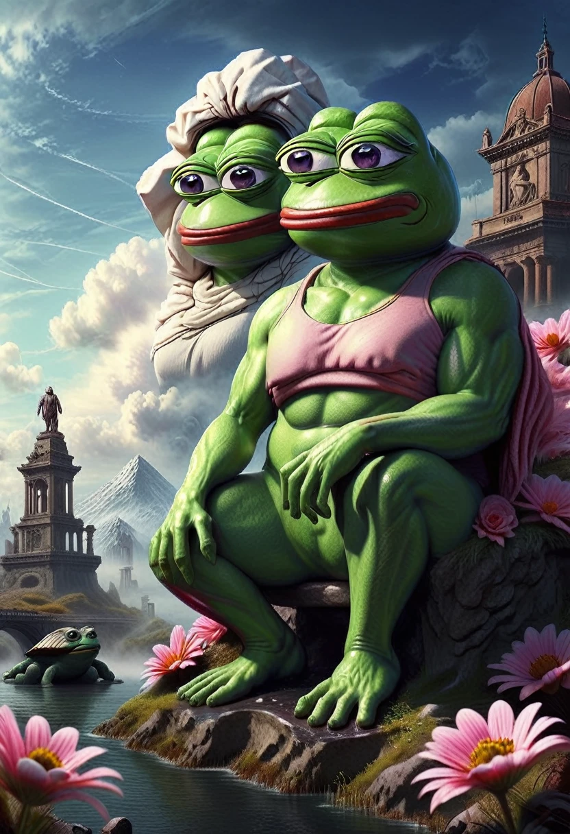 Hyperrealistic art BJ_Sacred_beast, pink pepe_frog,outdoors,sky,day,cloud,water,blue_sky,no_humans,cloudy_sky,building,scenery,reflection,monster,bridge,fog, cinematic lighting,strong contrast,high level of detail,Best quality,masterpiece,White background,. Extremely high-resolution details, photographic, realism pushed to extreme, fine texture, incredibly lifelike,pepe the frog big statue , arafed turtle statue in a field with a man and a woman, realistic fantasy render, sylvain sarrailh and igor morski, baroque vaporwave statue, an ancient creature, monster statues, stefan koidl inspired, by Alexander Kucharsky, stefan koidl, in a park on a alien planet, ancient creature, stone statue



