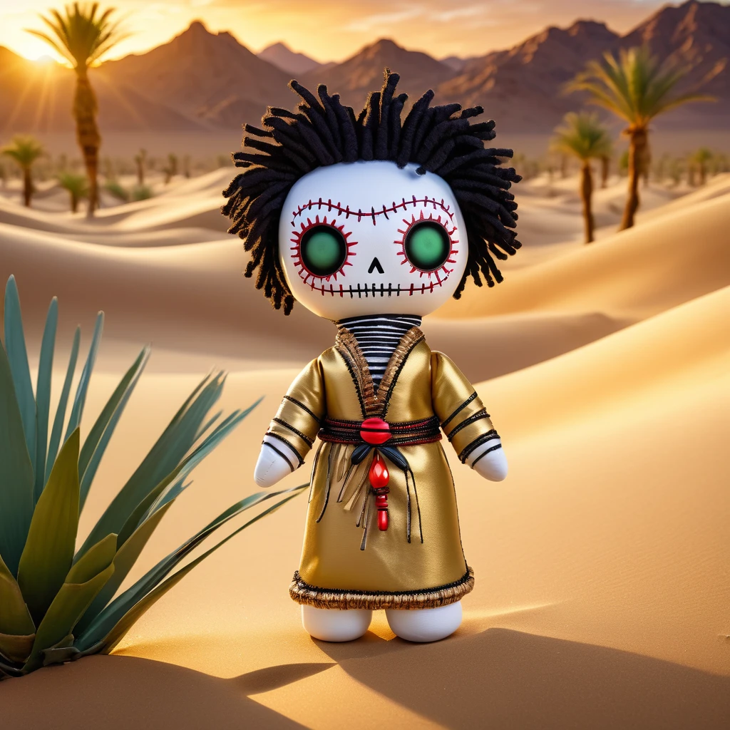 (knitted toy voodoo doll:1.5), (Voodoo Doll in a Magnetic Desert:1.3), (Clothing: desert explorer attire with sand patterns:1.0), (Accessories: enchanted compass emitting magnetic light, floating metal fragments:1.1), (background: surreal desert with shifting sands, magnetic rocks, and glowing oases:1.2), best quality, masterpiece, detailed soft oil painting, detailed background, dramatic cinematic lighting, soft edge lighting, professional, dramatic lighting, hard edge lighting, ultra quality, 4k, masterpiece, best quality, 8k, ultra high definition, high resolution, extremely detailed