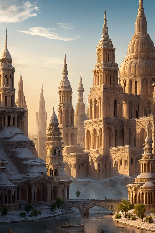 In the heart of the desert, ancient whispers echo through the gleaming spires of a white city that defies time. The city is filled with beautiful intricate and interconnected canals and a lush vegetation, closeup view.