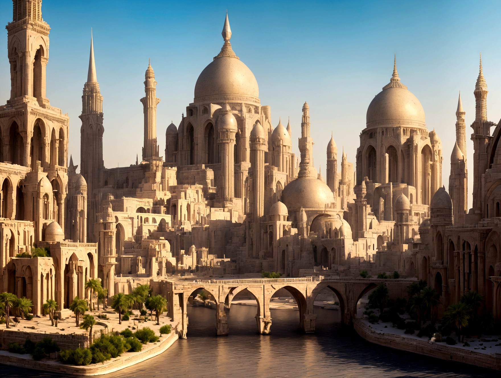 In the heart of the desert, ancient whispers echo through the gleaming spires of a white city that defies time. The city is filled with beautiful intricate and interconnected canals and a lush vegetation, closeup view.