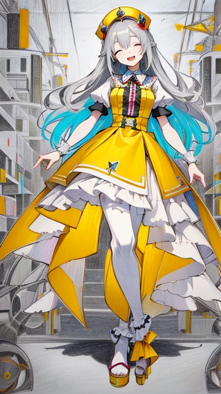 (full body:1.3), best quality, masterpiece, ultra detailed, detailed, hyper detailed, White background, Beautiful standing figure, masterpiece, best quality, extremely detailed, (colored pencil style illustration:1.3), (pastel:0.4), (sketch:0.4), a cute  girl, 10yo, silver long hair, frilled gothic onepiece, short sleeves, cute smile, closed eyes, open mouth, head tilt, upper body, simple white background,
