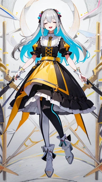 (full body:1.3), best quality, masterpiece, ultra detailed, detailed, hyper detailed, White background, Beautiful standing figure, masterpiece, best quality, extremely detailed, (colored pencil style illustration:1.3), (pastel:0.4), (sketch:0.4), a cute  girl, 10yo, silver long hair, frilled gothic onepiece, short sleeves, cute smile, closed eyes, open mouth, head tilt, upper body, simple white background,