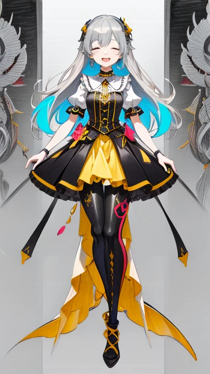 (full body:1.3), best quality, masterpiece, ultra detailed, detailed, hyper detailed, White background, Beautiful standing figure, masterpiece, best quality, extremely detailed, (colored pencil style illustration:1.3), (pastel:0.4), (sketch:0.4), a cute  girl, 10yo, silver long hair, frilled gothic onepiece, short sleeves, cute smile, closed eyes, open mouth, head tilt, upper body, simple white background,