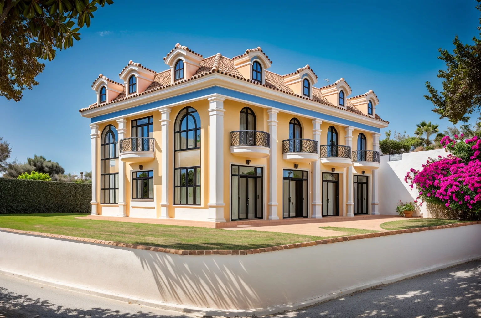 1 Mediterranean style house , The town house is made from white walls and some walls are painted bright blue)), beautyful light, beautyfulday, sunny, Many red bougainvilleas along the road:1.3, lovely youthful feeling :1.2, sunlight at 12 noon, Very beautiful shadows