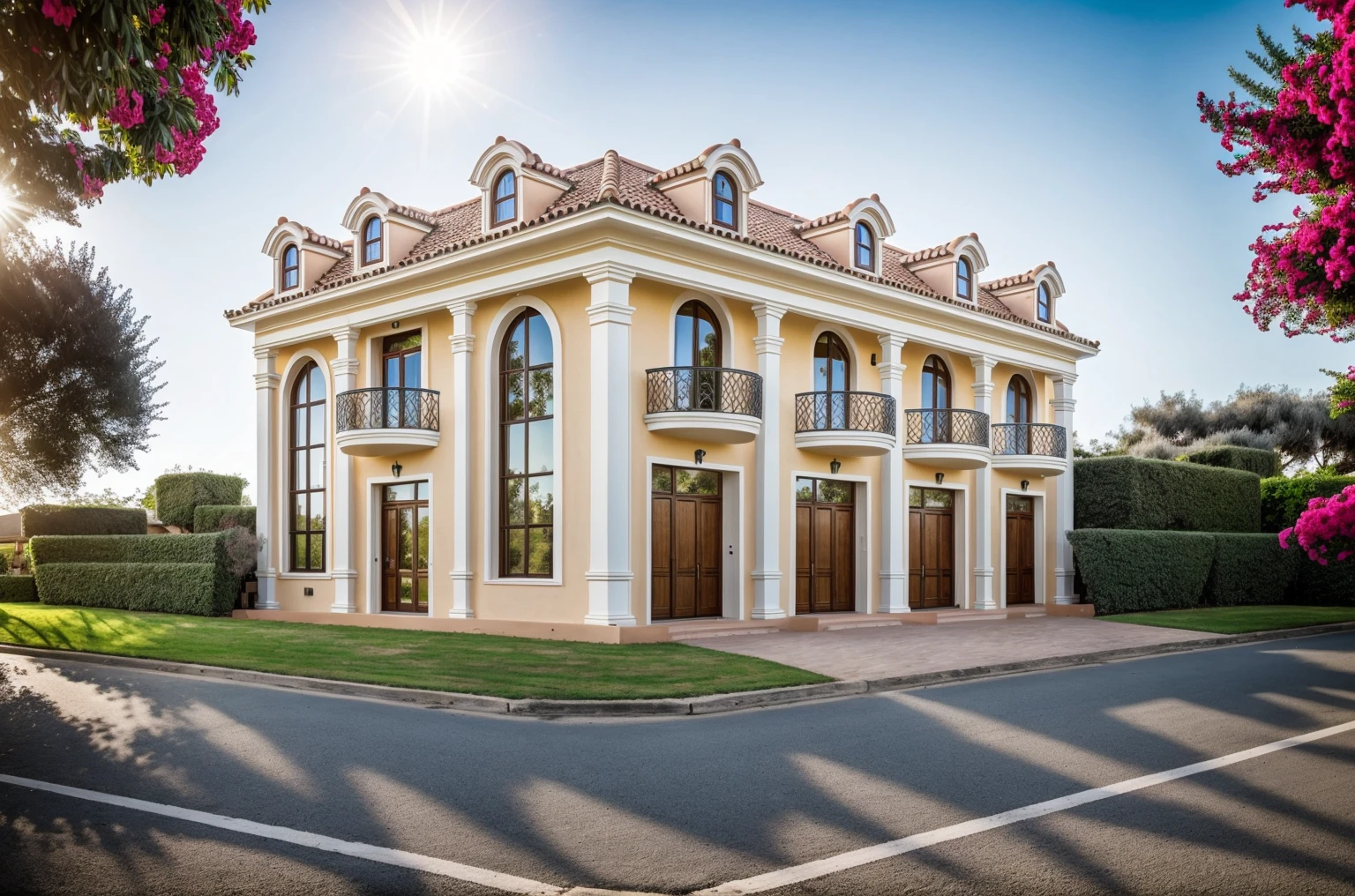 1 Mediterranean style house , The town house is made from white walls and some walls are painted bright blue)), beautyful light, beautyfulday, sunny, Many red bougainvilleas along the road:1.3, lovely youthful feeling :1.2, sunlight at 12 noon, Very beautiful shadows