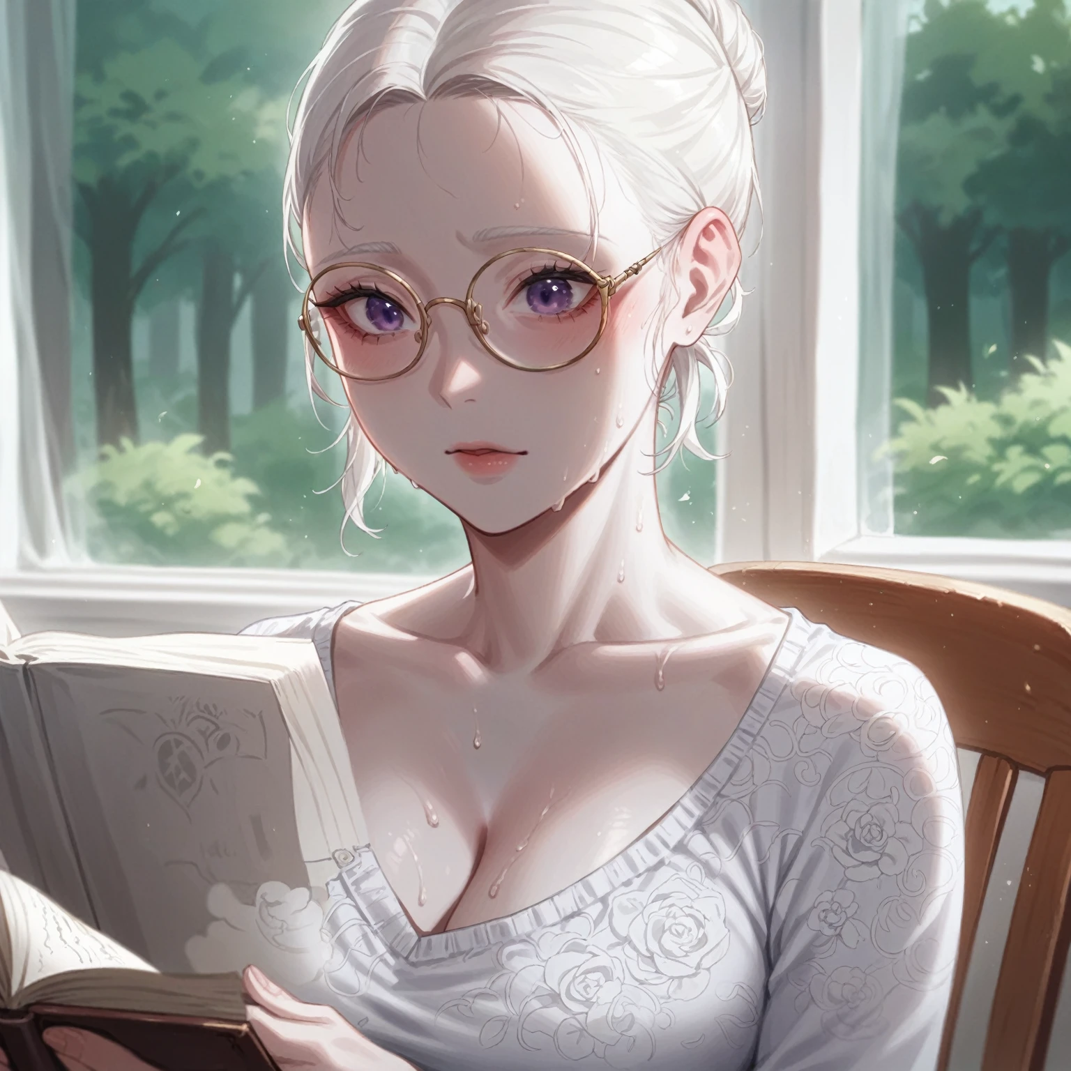 Sweaty, korean, milky white tender and glossy skin, deep violet eyes, albino, beautiful 39  years old female, tender delicate cute narrow face, neat and straight platinum blonde hair, wearing white casual clothes jewelry and glasses, sitting on chair by the window in bedroom of house in a forest reading a book